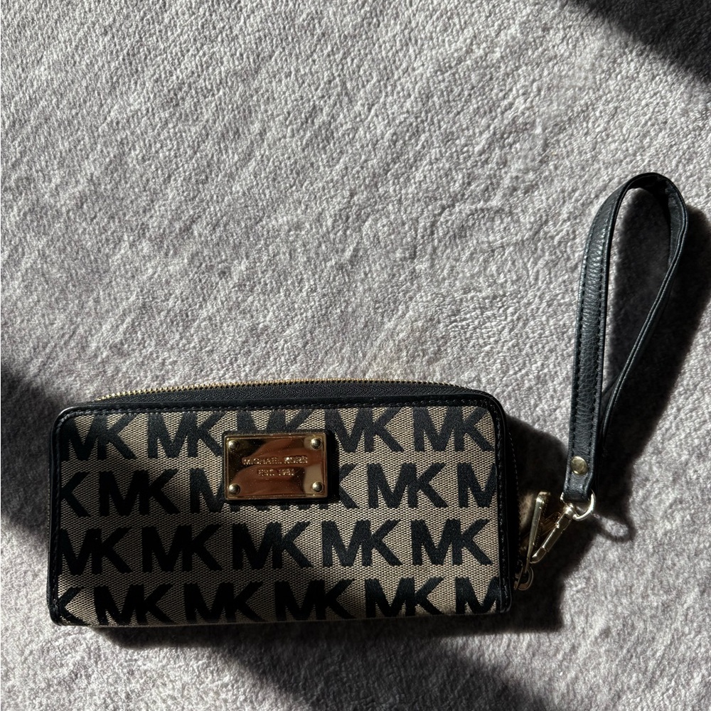 Michael Kors Tan and Black Logo Wristlet